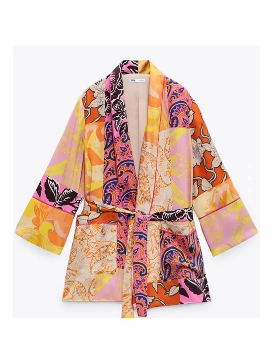 Zara Belted Multicolor Printed Kimono Jacket XS Oversized - Picture 4 of 8